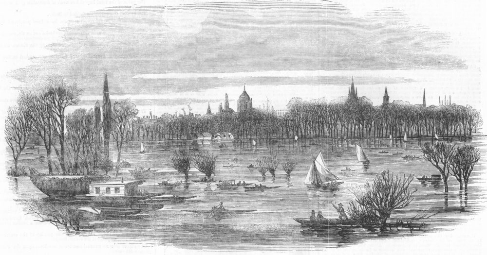OXON. flood of Christchurch Meadows, Oxford, antique print, 1852