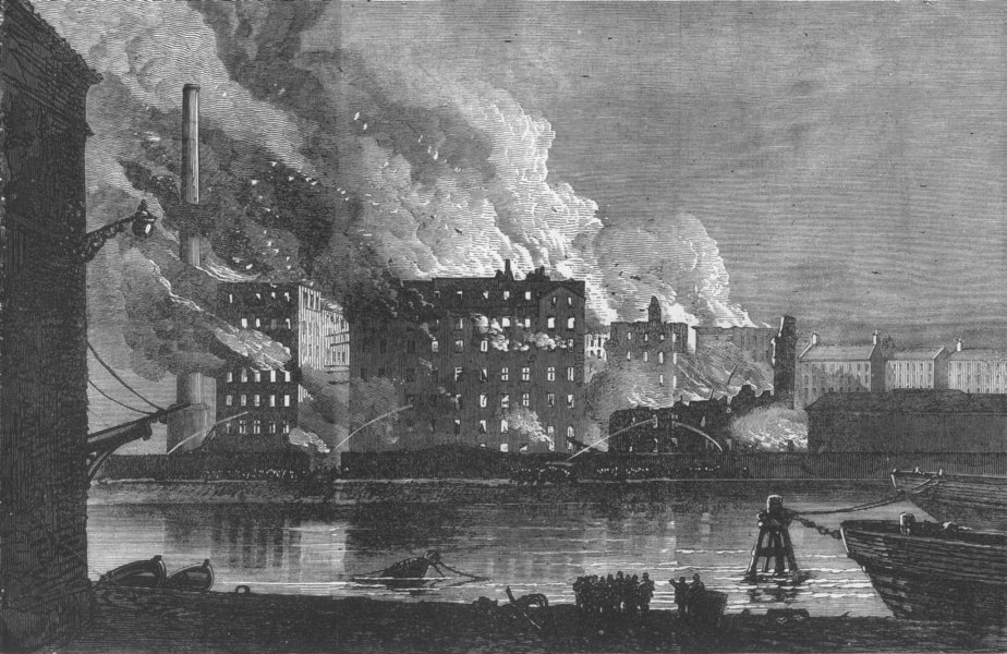 SCOTLAND. Burning of & Tods Flour Mills, Leith, antique print, 1874