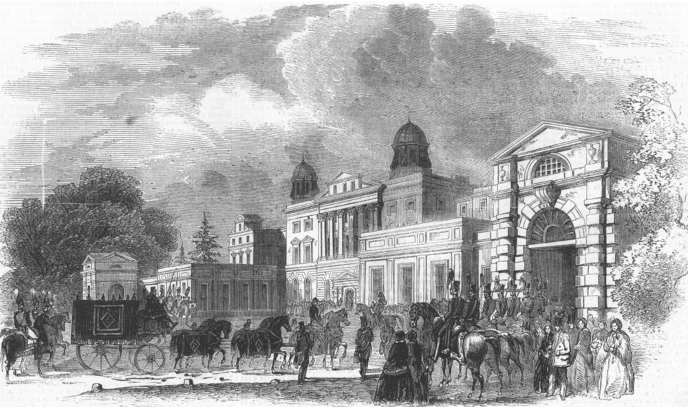 Associate Product GLOS. Arrival of funeral cortege at Badminton Hall, antique print, 1855