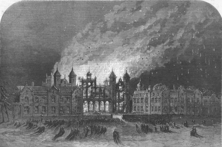Associate Product CHESHIRE. The Burning of Capesthorne Hall, Cheshire, antique print, 1861