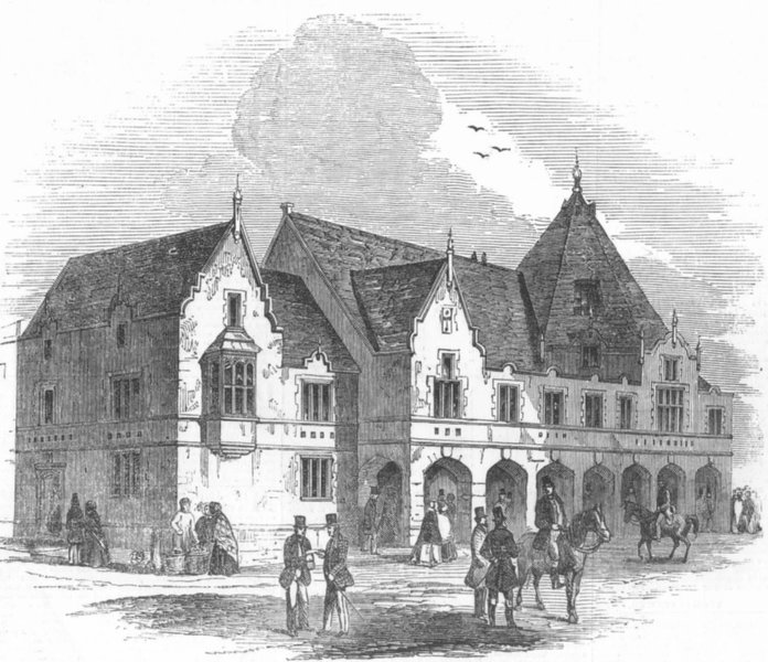 Associate Product STAFFS. Corn Exchange & market hall, Lichfield, antique print, 1850