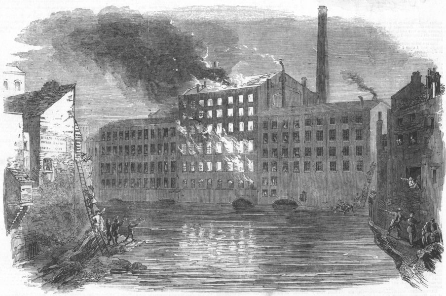CHESHIRE. Explosion, Marslands Park mills, Stockport, antique print, 1851