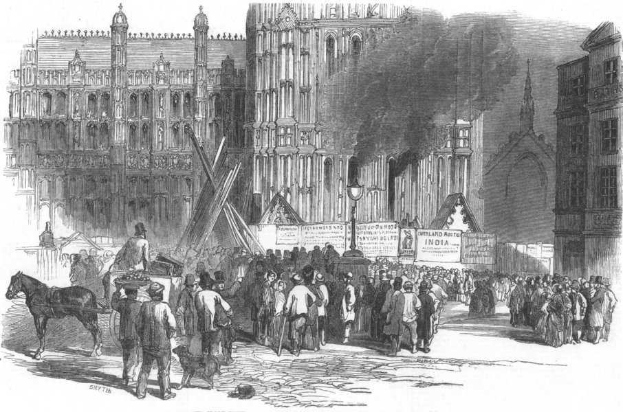 Associate Product LONDON. Big Ben. Fire in Parliament clock tower, antique print, 1851