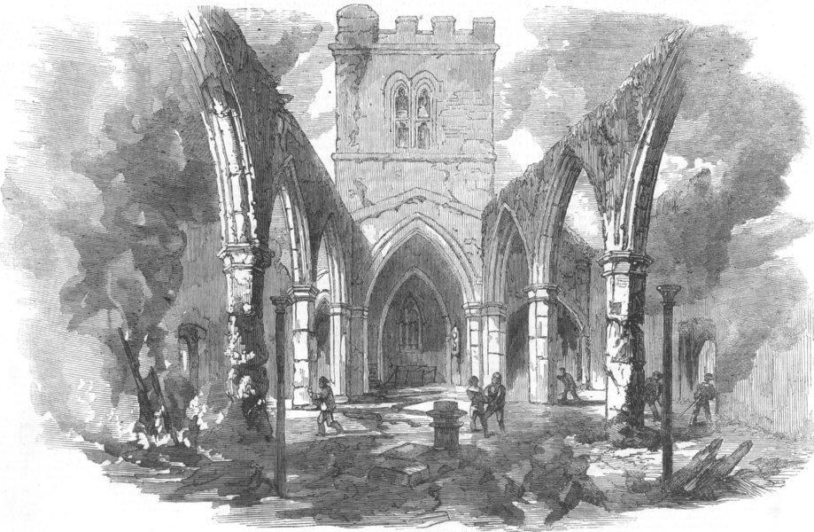 Associate Product WALES. Remains of Hawarden Church, after recent fire, antique print, 1857