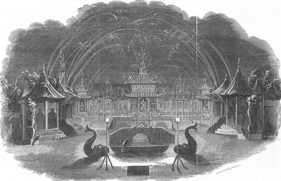 Associate Product LONDON. Firework temple at Vauxhall, antique print, 1845