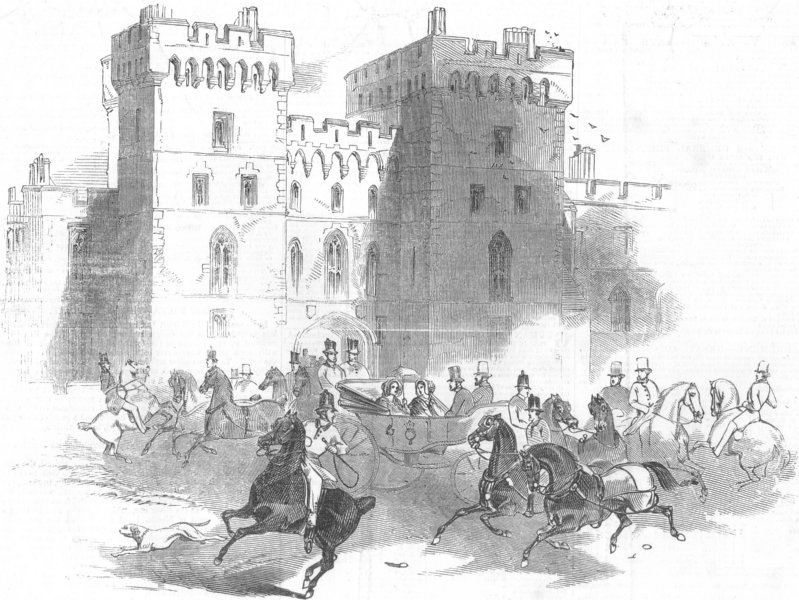 Associate Product BERKS. Queen leaving Windsor Castle for Ascot races, antique print, 1845