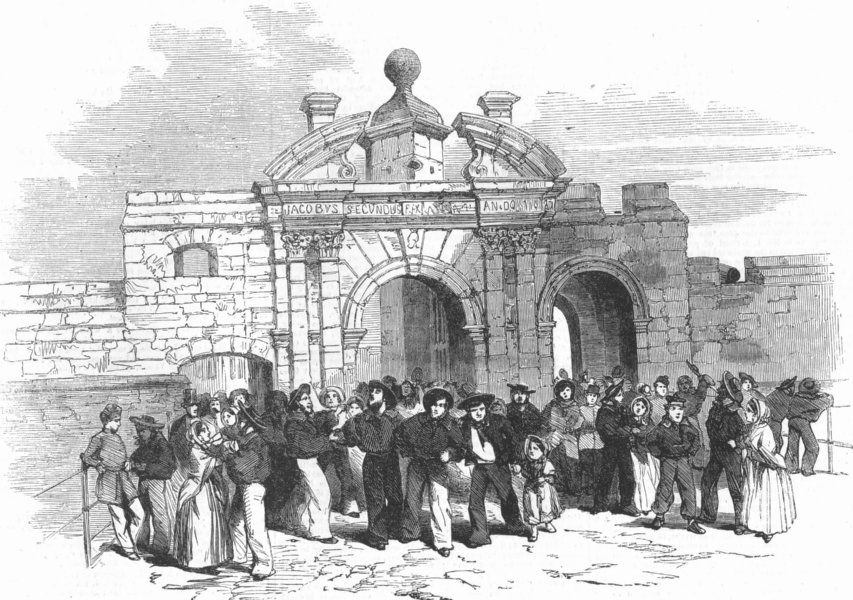 Associate Product HANTS. James Gate, Portsmouth-Liberty-Men returning, antique print, 1856