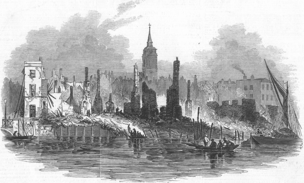 KENT. Ruins after the recent fire at Gravesend, antique print, 1846