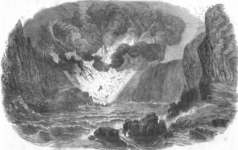 IOM. explosion at Kitterland, off Isle of Man, antique print, 1853