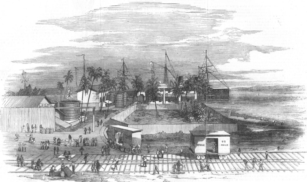 Associate Product PANAMA. US mail steam-ship Cos premises, Colon, antique print, 1855