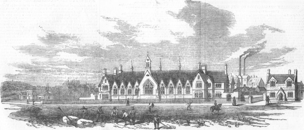 Associate Product STAFFS. Mining school and chapel, Wednesbury, antique print, 1855