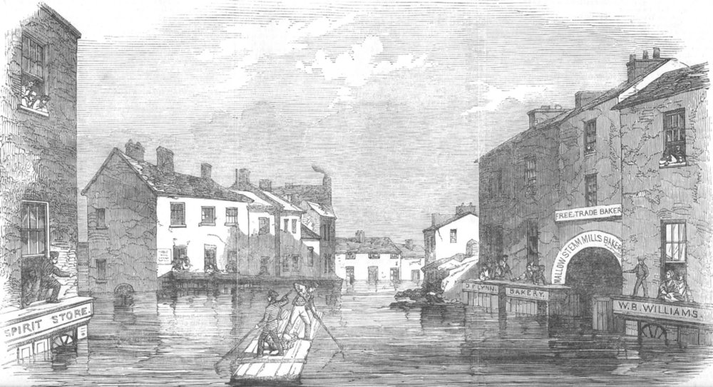 IRELAND. Main St, Mallow, during recent flood, antique print, 1853