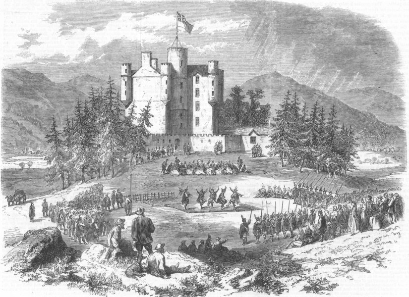 SCOTLAND. Highland Clans gathering, Braemar Castle, antique print, 1864