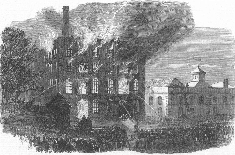 DEVON. fire at Candle Factory, Coxside, Plymouth, antique print, 1866