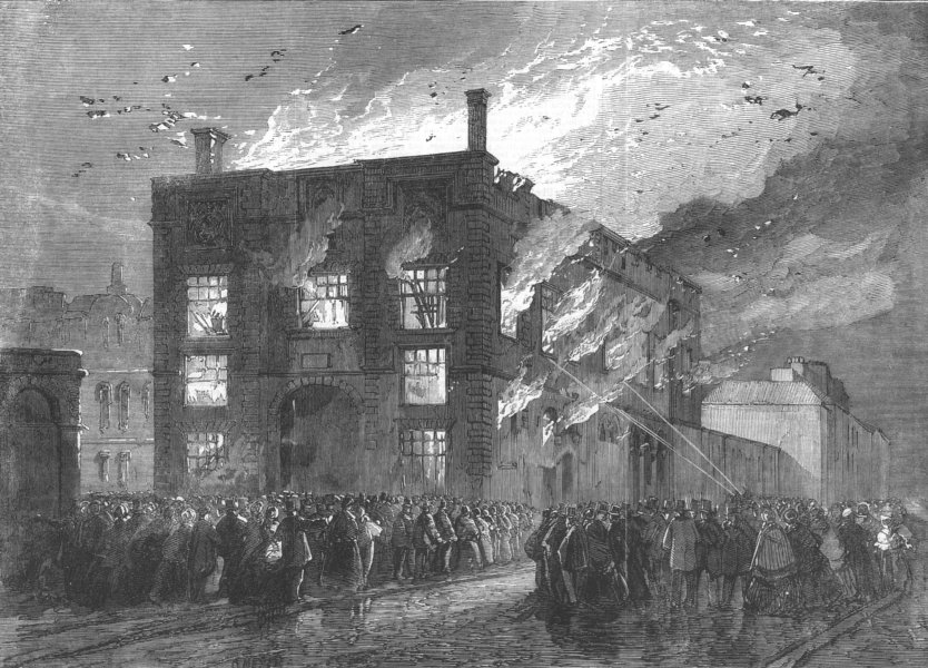 Associate Product CHESHIRE. The Fire at the Townhall, Chester, antique print, 1863