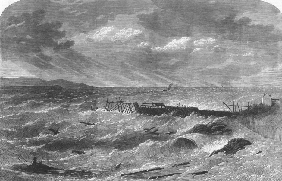 Associate Product ISLE OF MAN. Douglas breakwater, storm damage, antique print, 1865