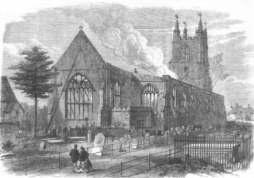 Associate Product SURREY. Ruins of Croydon Church, burnt down, antique print, 1867