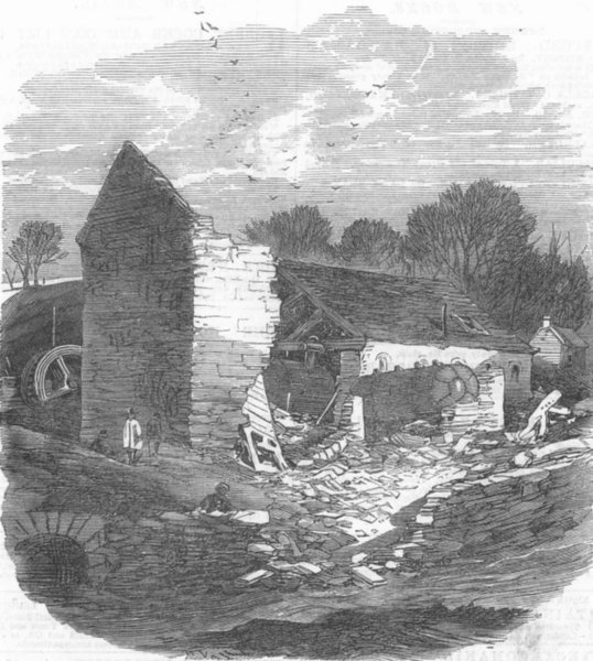 Associate Product YORKS. Sheffield floods. Mill remains, Malin Bridge, antique print, 1864