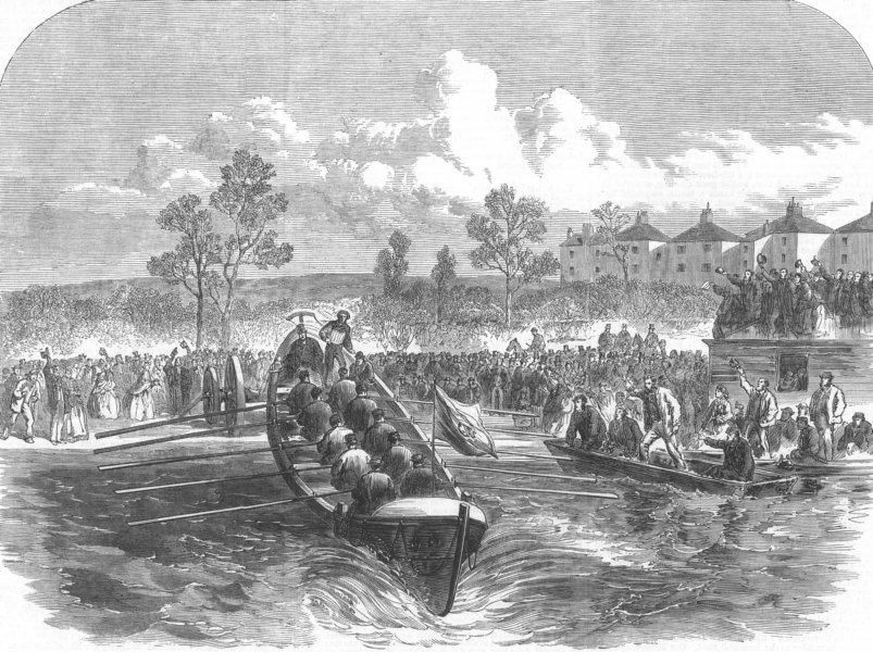 Associate Product OXON. Launch of the Isis Life-Boat at Oxford, antique print, 1866