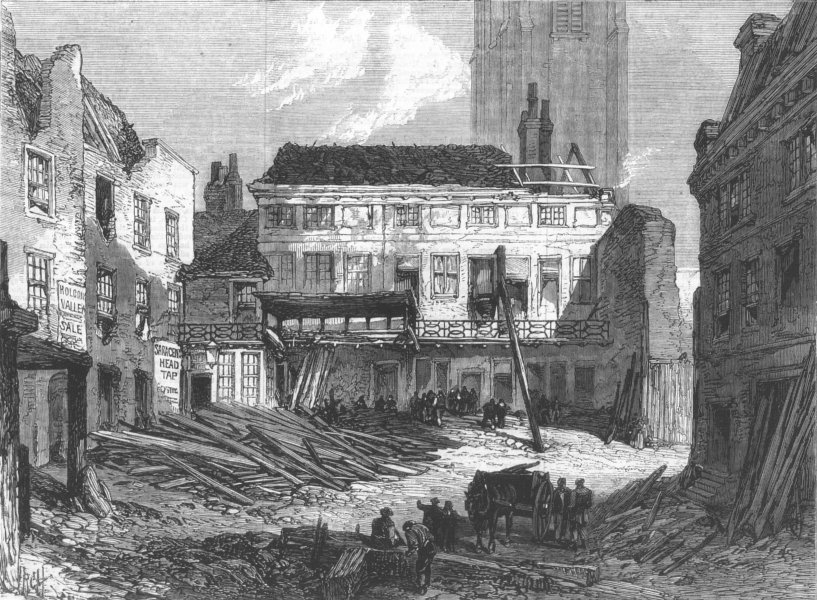 LONDON. Demolition of the Saracen's Head, Snow-Hill, antique print, 1868