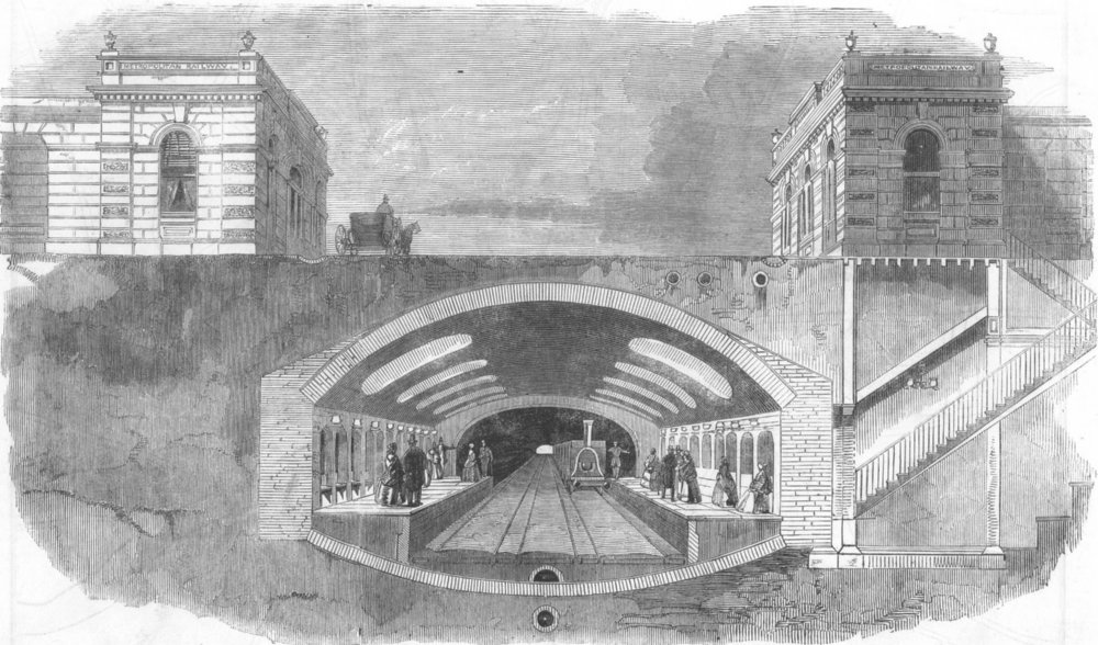 Associate Product Metropolitan line. Planned underground tube station at Baker Street, print, 1860
