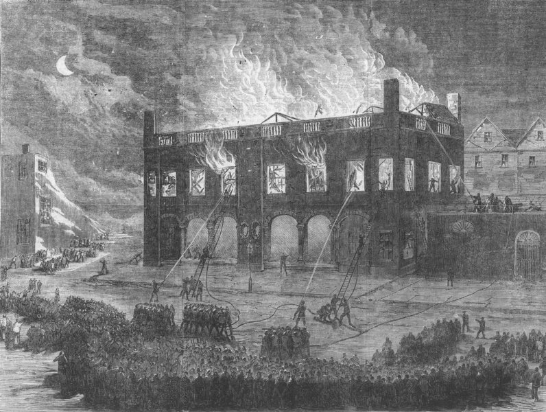 Associate Product CHESHIRE. Cotton Famine. Chester Townhall ablaze, antique print, 1863