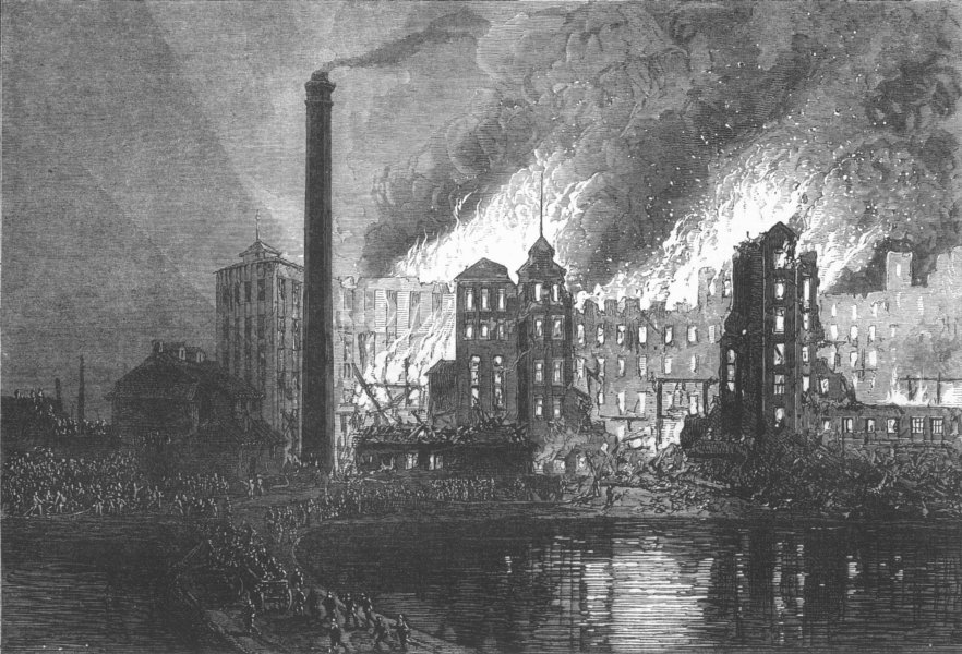 Associate Product LANCS. Burning of Cockhedge Mill, Warrington, antique print, 1872