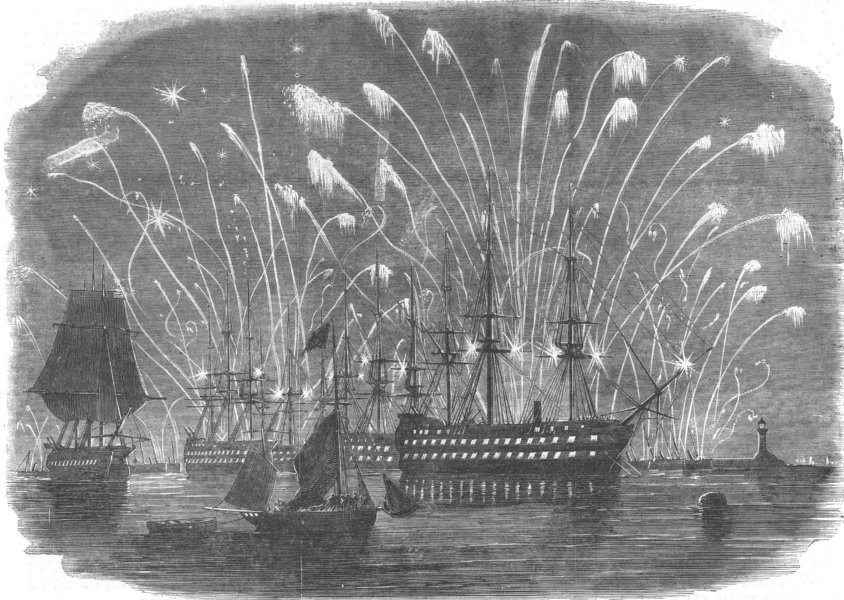 Associate Product DEVON. Crimean Peace Celebration, Plymouth-Fleet lit up, antique print, 1856