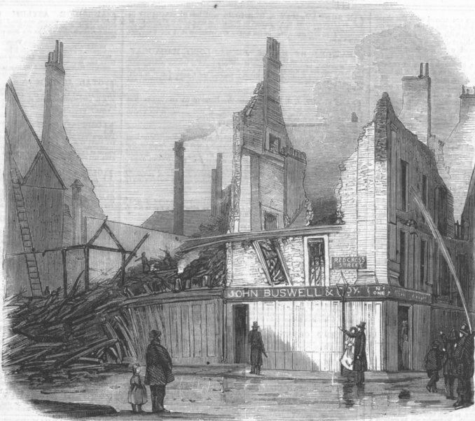 Associate Product LONDON. Redcross St. fire, Redcross St-ruins, antique print, 1860