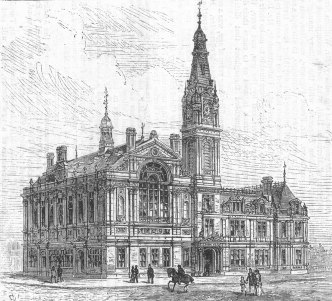 LANCS. new Townhall, Bootle, Lancashire, antique print, 1882