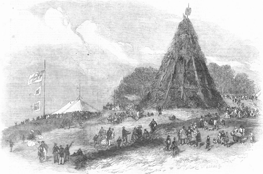 Associate Product SOMT. The Bonfire before lighted, antique print, 1857