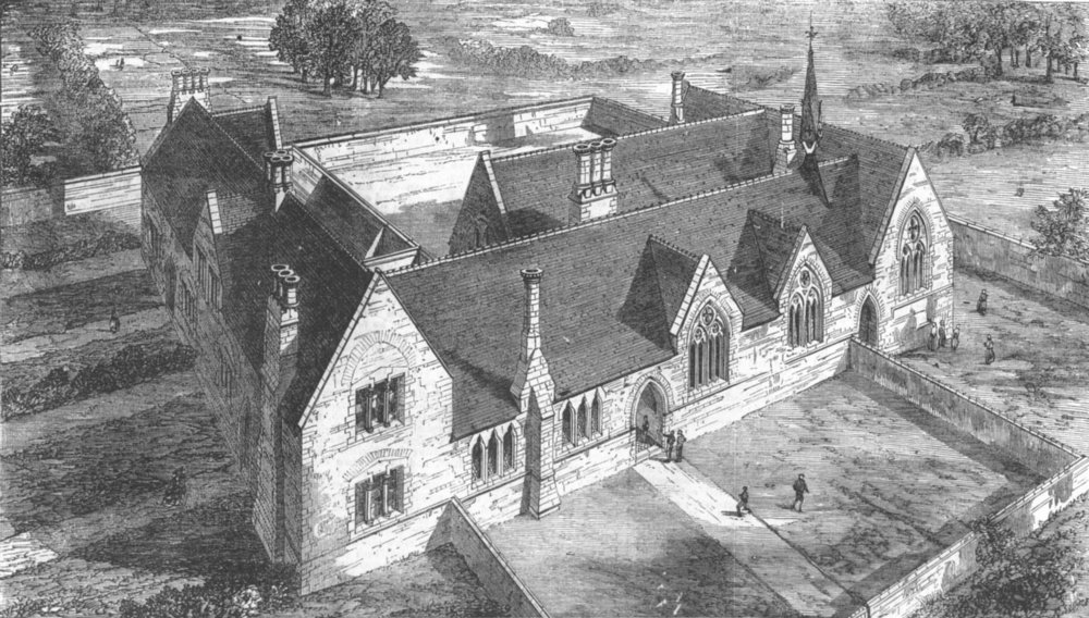 BUCKS. New Schools, course of erection, Stantonbury, antique print, 1858