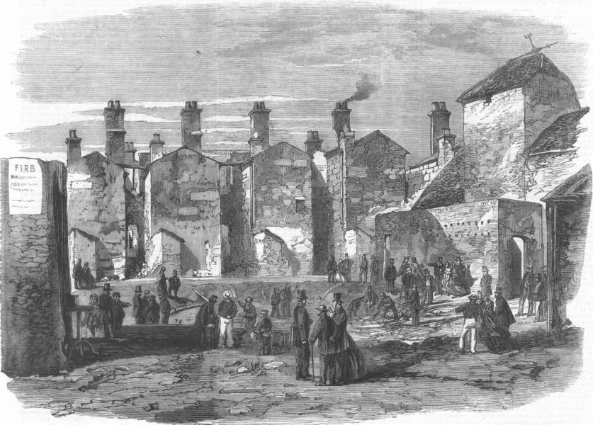 HANTS. fire, Portsmouth, antique print, 1861