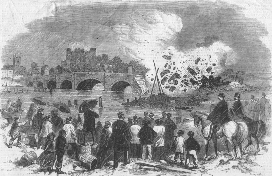 Associate Product KENT. Demolition of Rochester Bridge, antique print, 1857