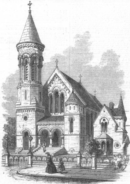 Associate Product LANCS. New Wesleyan Church, Gt Crosby, nr Liverpool, antique print, 1863