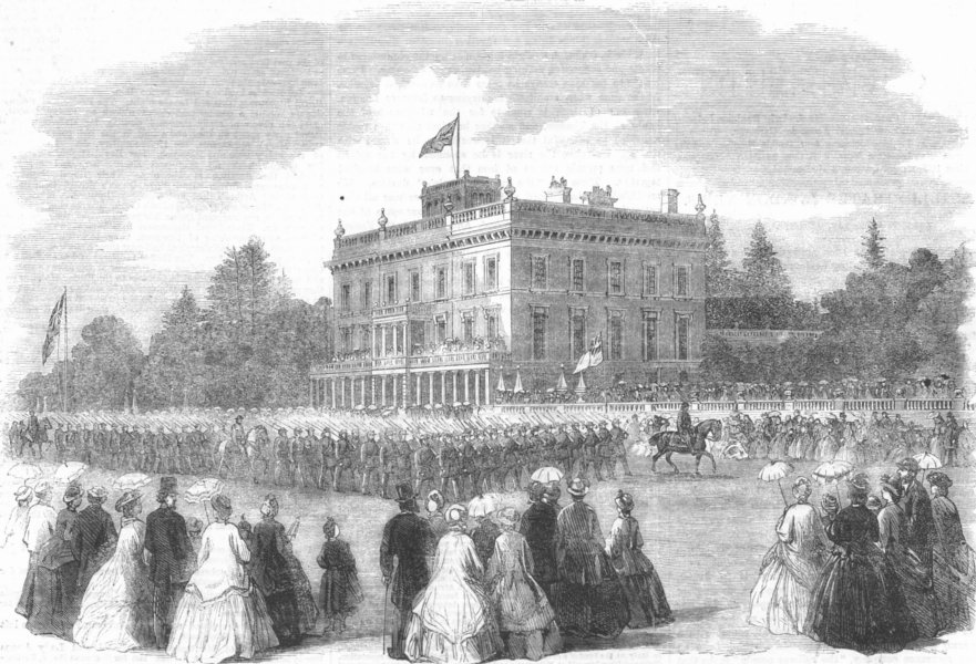 SUFFOLK. Military parade, Henham Hall (Stradbroke), antique print, 1863