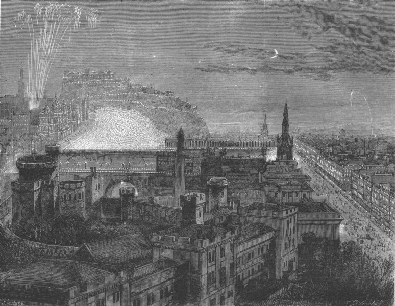 Associate Product SCOTLAND. Edinburgh lit up - viewed from Calton Hill, antique print, 1874