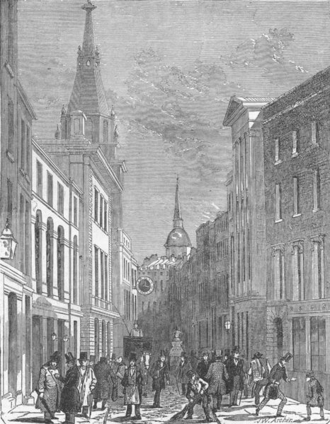 LONDON. London-Lombard St, antique print, 1849