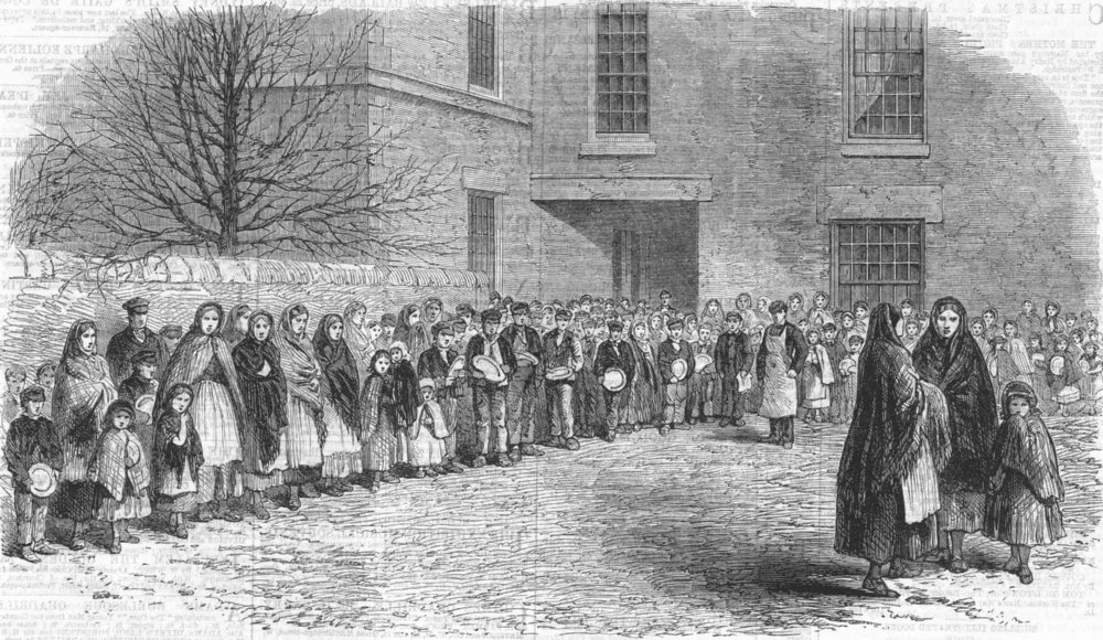 MOTTRAM. Cotton Famine. Workers awaiting food , antique print, 1862