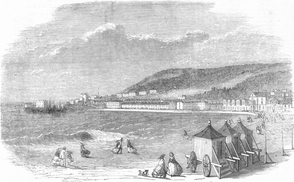 GLOS. Weston-Super-Mare, from sands, antique print, 1856