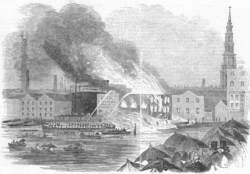 Associate Product BLACKFRIARS. Conflagration, Price's Wharf , antique print, 1845