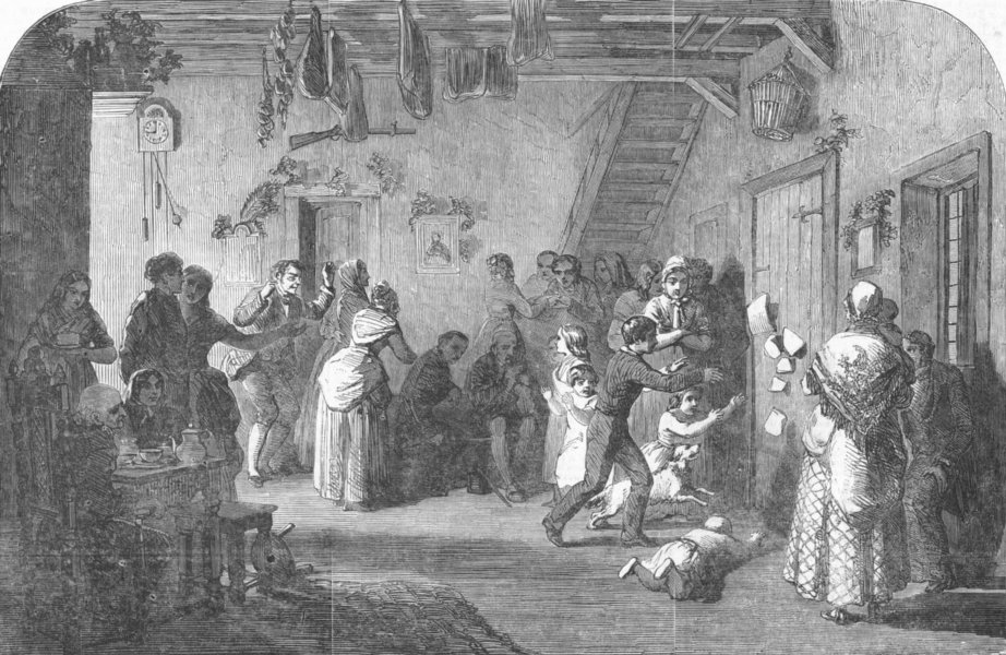 Associate Product SOCIETY. New Year's Eve. Breaking cake, antique print, 1852