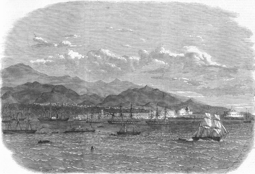 Associate Product PERU. Harbour of Callao. Peruvian fleet at Anchor, antique print, 1865
