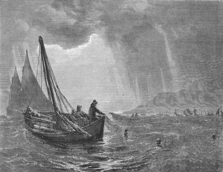 Associate Product SEASCAPES. Herring Fishery-Hailing nets, antique print, 1871