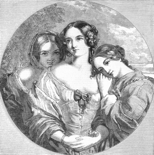PRETTY LADIES. Rose, Shamrock & Thistle, antique print, 1851