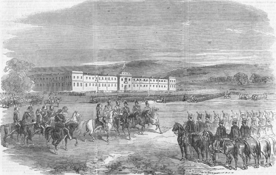 ROMANIA. Review of Austrian Troops, Bucharest, antique print, 1856