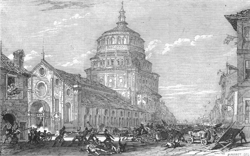 Associate Product ITALY. Insurrection, Milano-church of Grazia, antique print, 1848