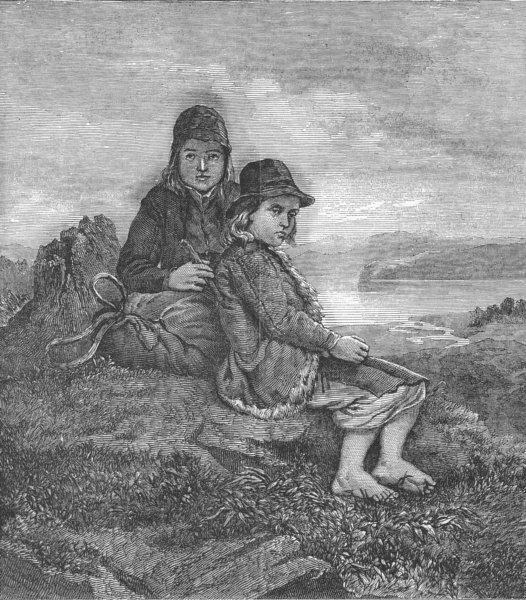 CHILDREN. Norwegian peasant children, antique print, 1853