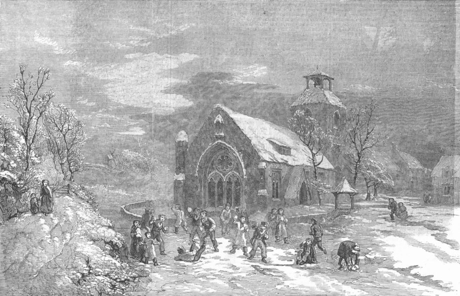 Associate Product CHRISTMAS. Snowballing, antique print, 1853