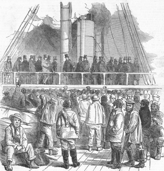 Associate Product RAILWAYS. Navvies for Crimea. address Hesperus, antique print, 1855